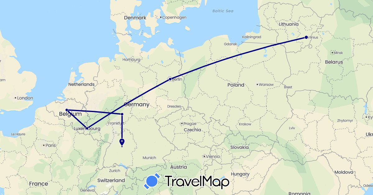 TravelMap itinerary: driving in Belgium, Germany, Lithuania, Luxembourg (Europe)